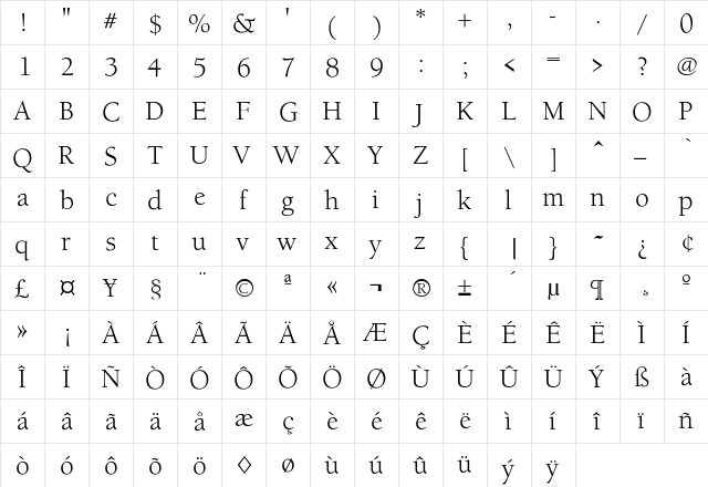 Hastings Regular  glyph index