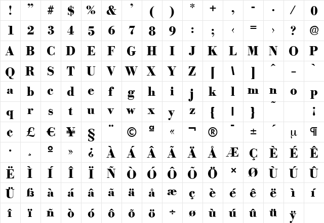 BodoniSerial-Xbold Regular  glyph index