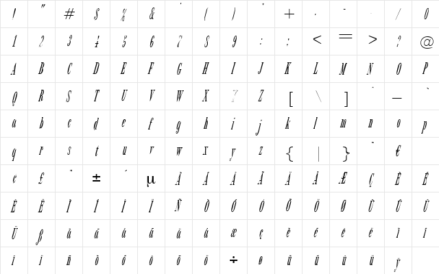 CutterItalic Regular  glyph index