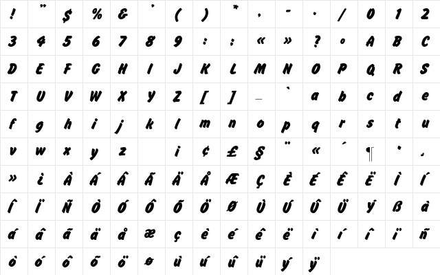 Flash Regular  glyph index