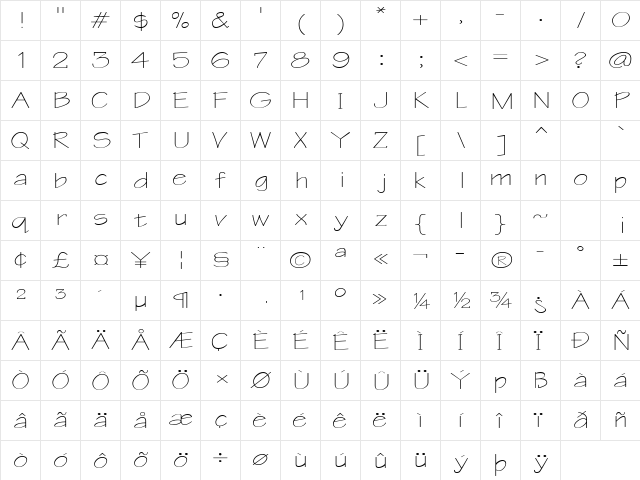WriteExtended Regular  glyph index