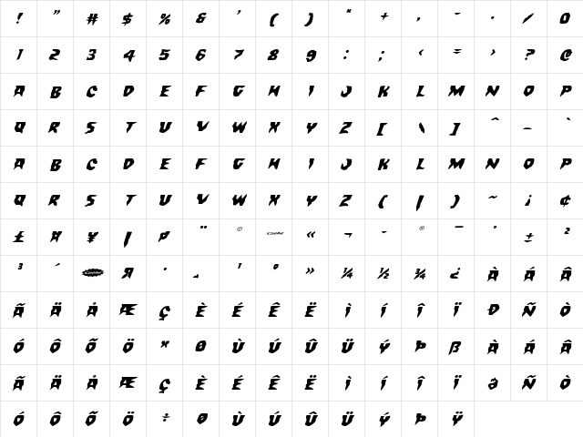 Count Suckula Expanded Italic Expanded Italic  glyph index
