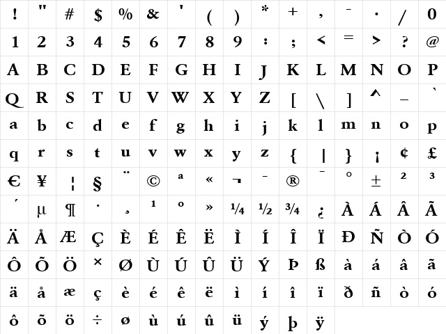 LionelBeckerExtended Bold  glyph index