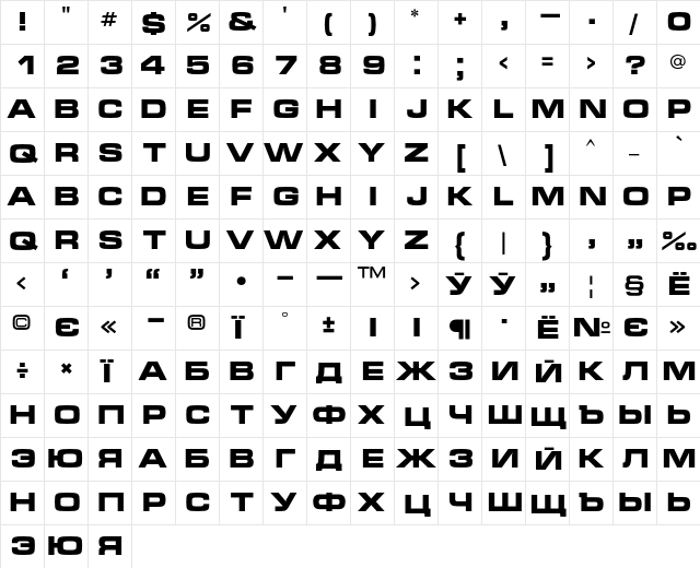 Micra Bold  glyph index