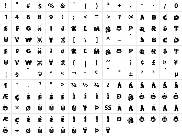 Critter Std Regular  glyph index