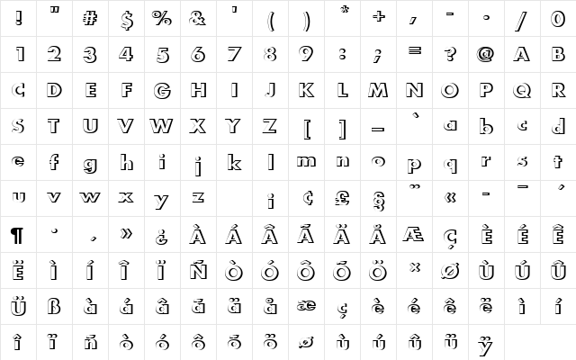 FuturaTBolRe1 Regular  glyph index