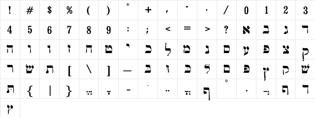 Jiddish Regular  glyph index