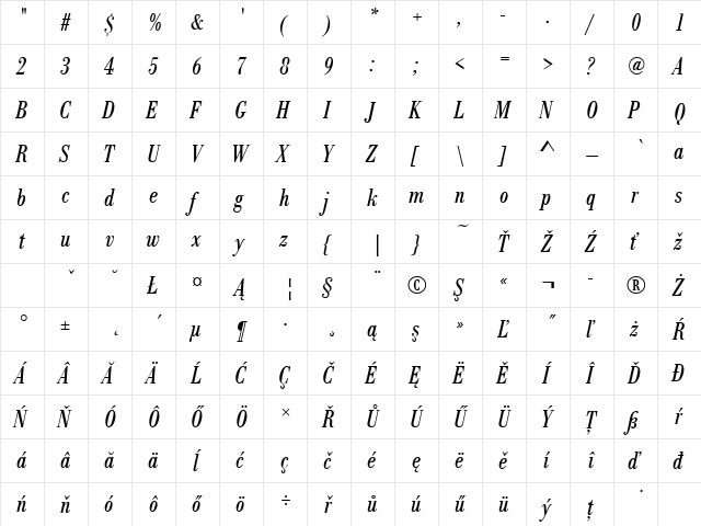 BodoniAntTEECon Italic  glyph index