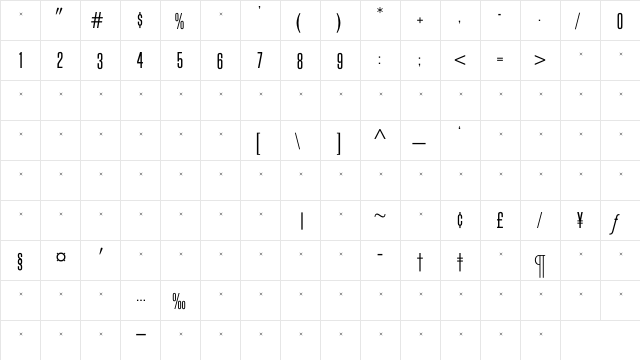 BlockGothicLightExtraCondTab Regular  glyph index