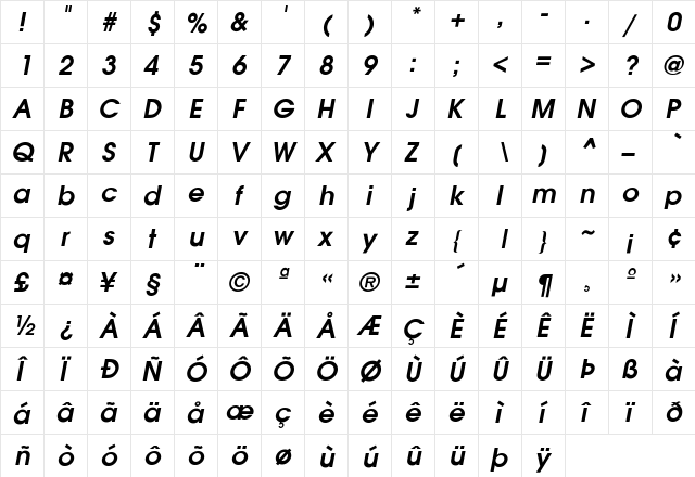 Noveau Riche-DemiObliq Regular  glyph index