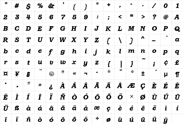 BarcelonaMdITC Heavy Italic  glyph index