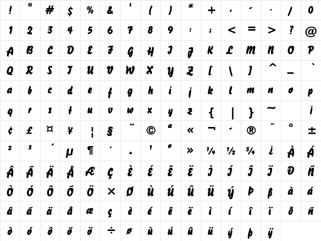 Brush Stroke 26 Bold  glyph index