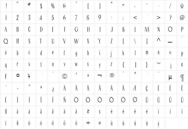 CameoThinline Roman  glyph index