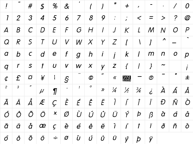 Vagabond Italic  glyph index