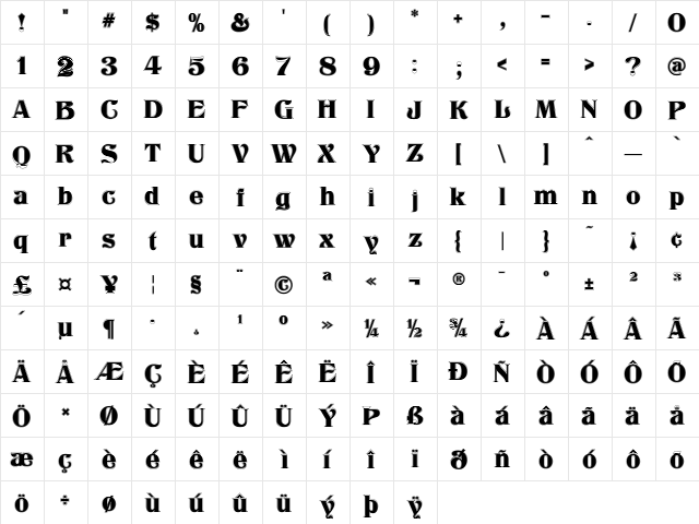 Klarissa Contour Regular  glyph index