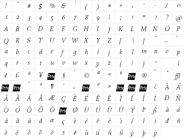 Proforma LightItalic  glyph index