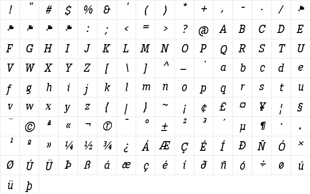 Pentay Book Italic  glyph index