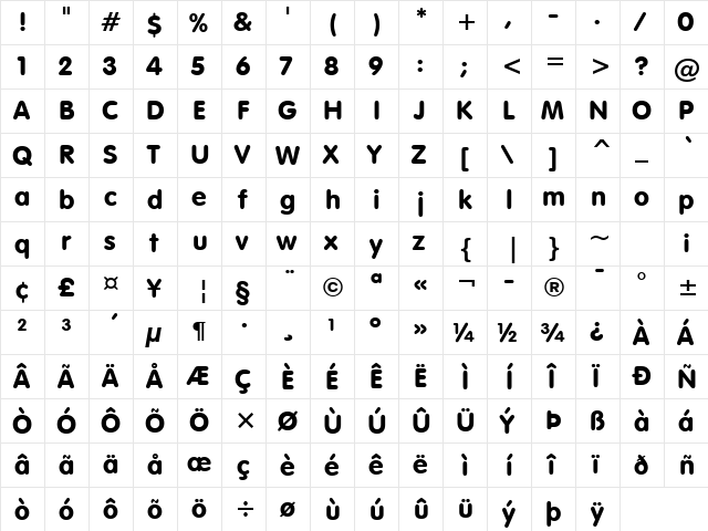 VAGRounded BT Regular  glyph index