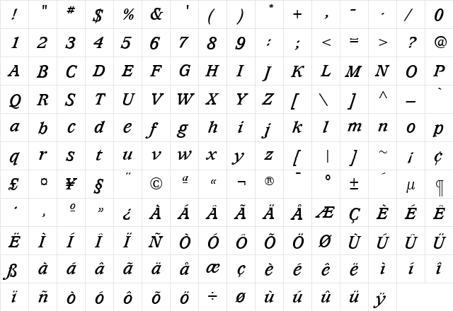 WaverlyBoldItalic Roman  glyph index