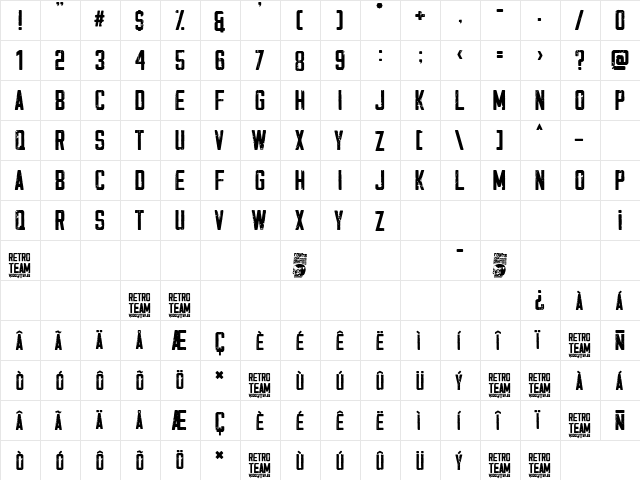 Retro Team Regular  glyph index