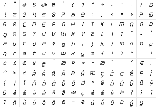ClickBold Oblique Regular  glyph index