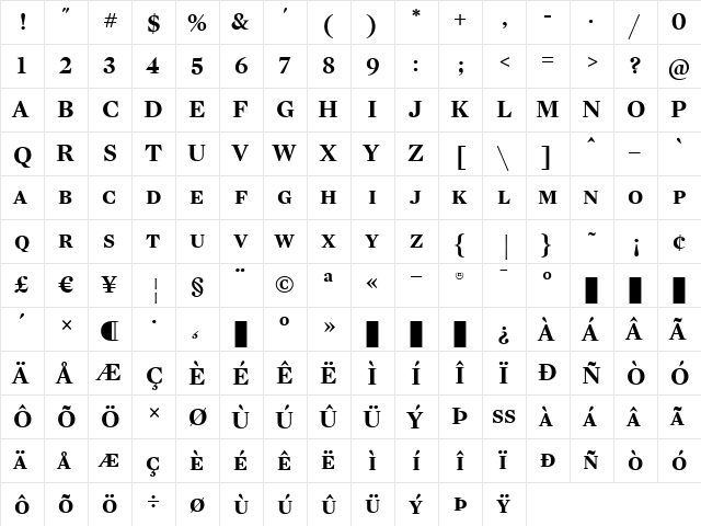 Mercury Display Bold  glyph index