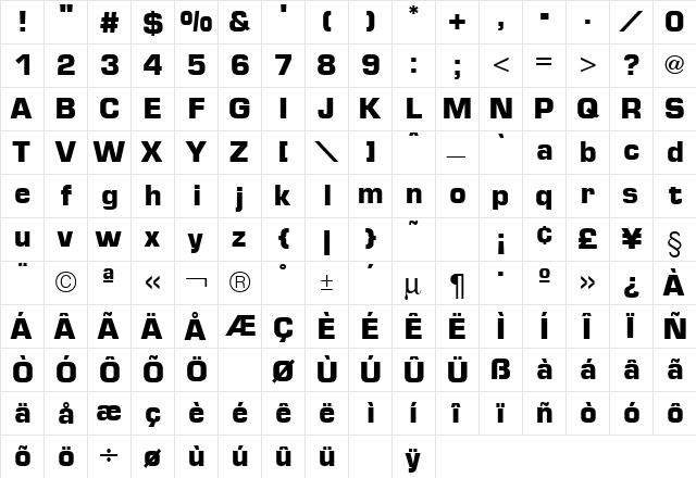 Euro Technic Bold  glyph index