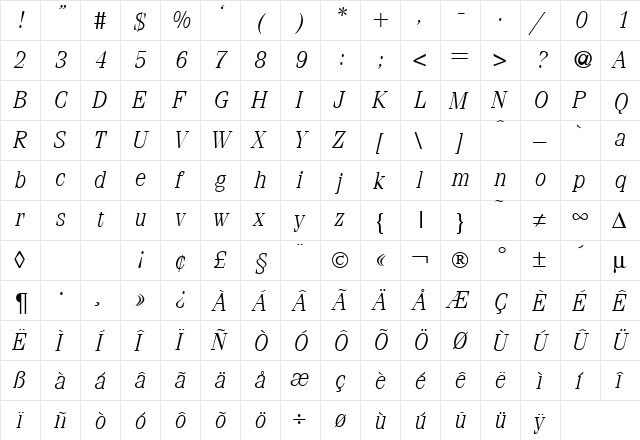 FerventLight RegularItalic  glyph index