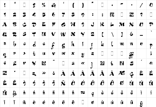 Arriba Plain  glyph index