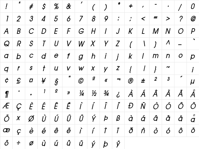 Atilla-Condensed Bold Italic  glyph index