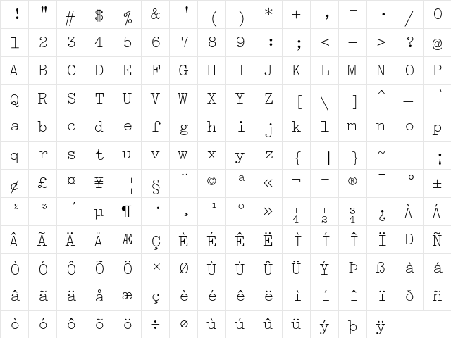 Typewriter Elite MT Std Regular  glyph index