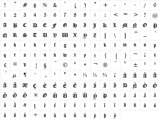 Cloister Black Regular  glyph index