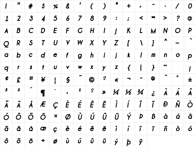 Champagne & Limousines Thick Bold Italic  glyph index