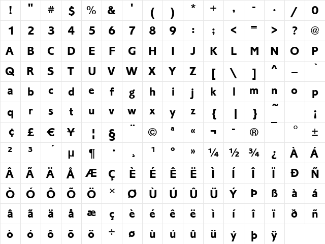 Cordoba Bold  glyph index