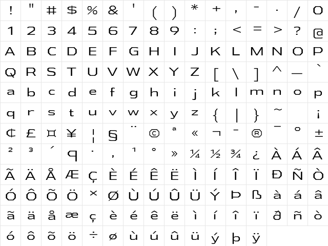 Athabasca Expanded Book  glyph index