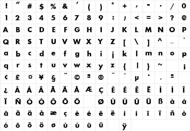 Intrepid Bold  glyph index