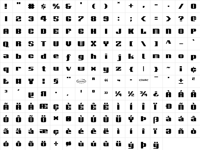 Voortrekker Regular  glyph index