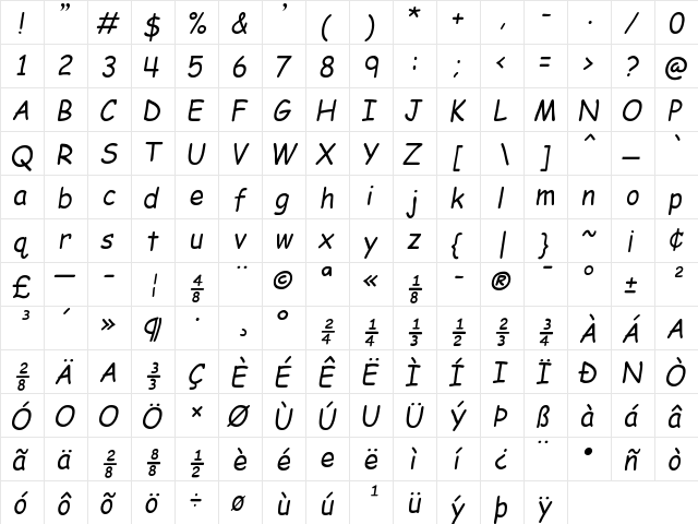 EMcomic-Italic Italic  glyph index