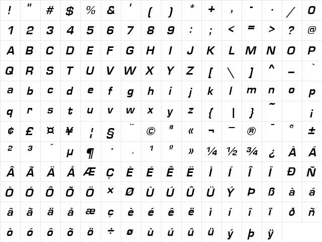 PelicaSSK Bold Italic  glyph index