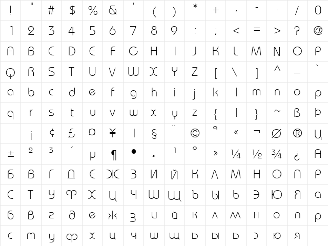 Bahamas Light Regular  glyph index