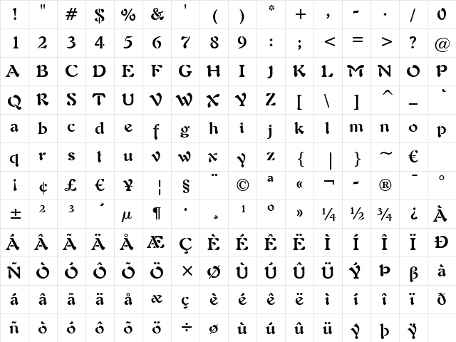 Freefrm721 BT Bold  glyph index