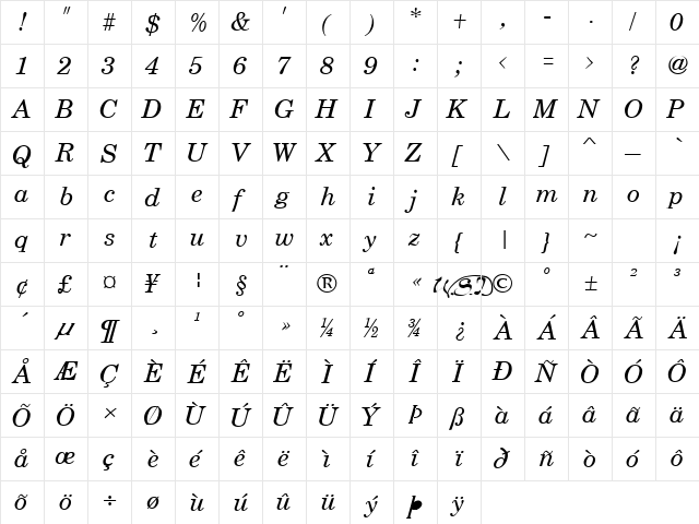 Schoolbook Italic  glyph index