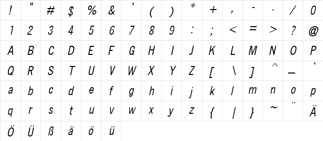 QuickType II Condensed Italic  glyph index