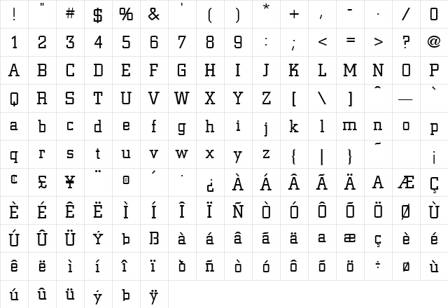 Bureau Regular  glyph index