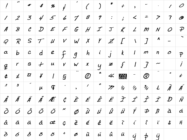 CodysHand Bold Italic  glyph index
