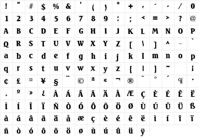 Seabird SF Bold  glyph index