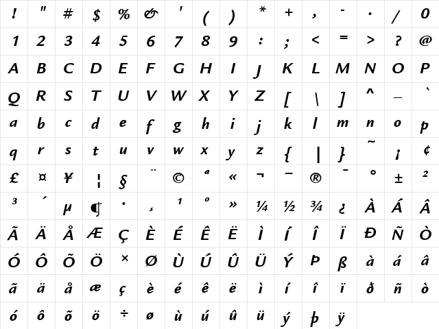 ITCLegacySans BoldItalic  glyph index