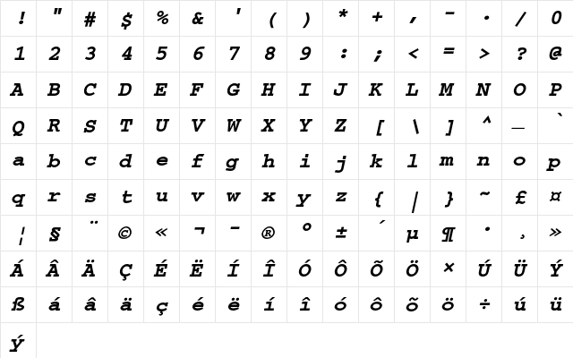 Courier CE Bold Oblique  glyph index
