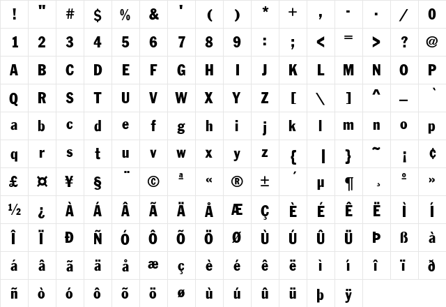 FranklinGothic-Cond Regular  glyph index