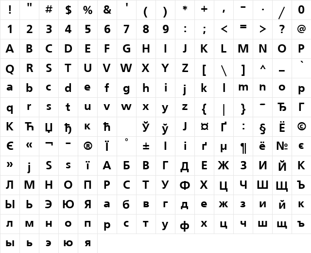 FreeSetCTT Bold  glyph index